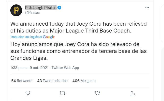 Tweet donde lo Piratas anuncian el despido de Joey Cora