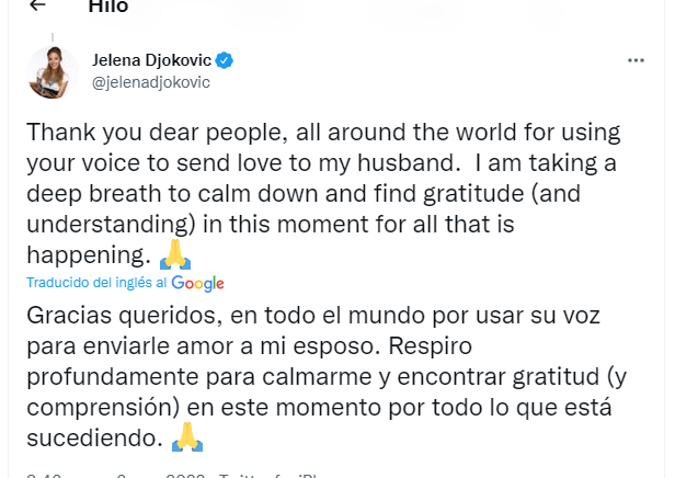 Twitter subido por la esposa de  Djokovic 